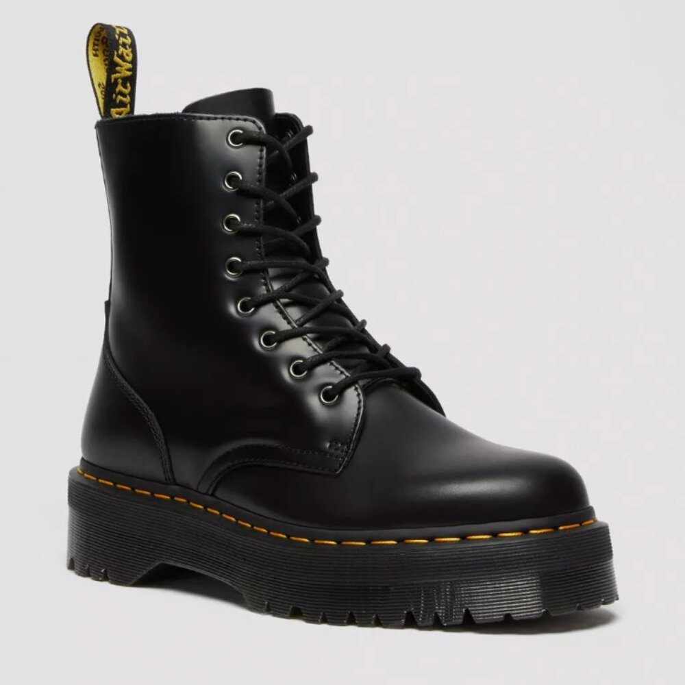 Dr. Martens Black Leather Platform Lace-Up Boots with Yellow Stitching